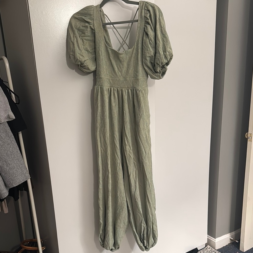 Free people Green Puff Sleeve Jumpsuit